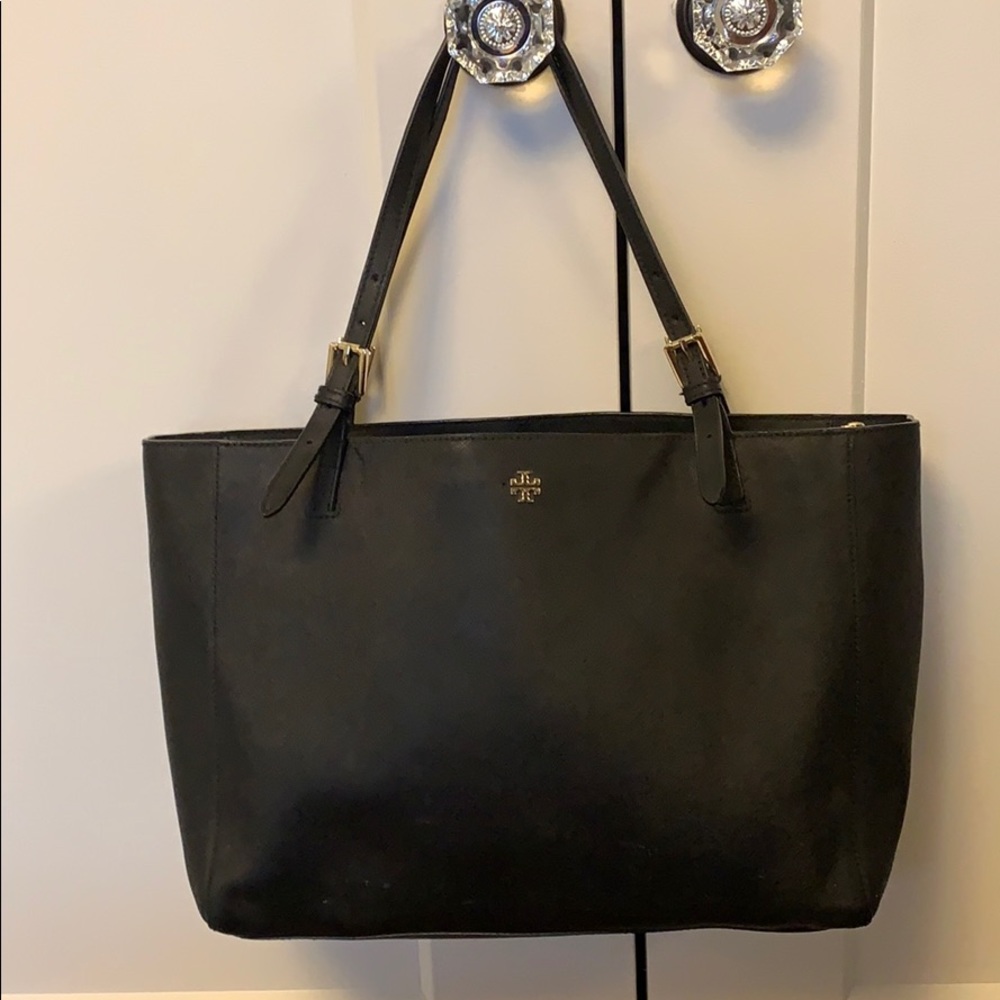 Tory Burch black pebbled leather tote
